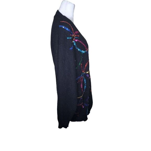Vintage 80s Confetti Sequin Cardigan Sweater Womens Size M Black Rainbow Angora - Picture 3 of 7